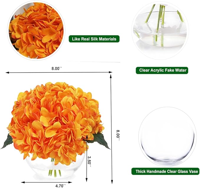 Hydrangea Artificial Flowers in Vase Orange Silk Flowers Arrangements with Glass Vase with Faux Water for Table Centerpiece Shelf Home Decor