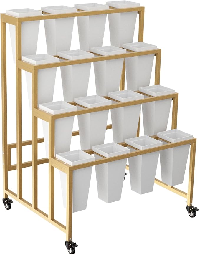 Flower Display Stand with 16 Buckets, 4 Layers Flower Bar, Gold Metal Plant Stand with Wheels, Heavy Duty Flower Cart for Indoor Outdoor Patio Garden Wedding Florist, Gold Metal Frame