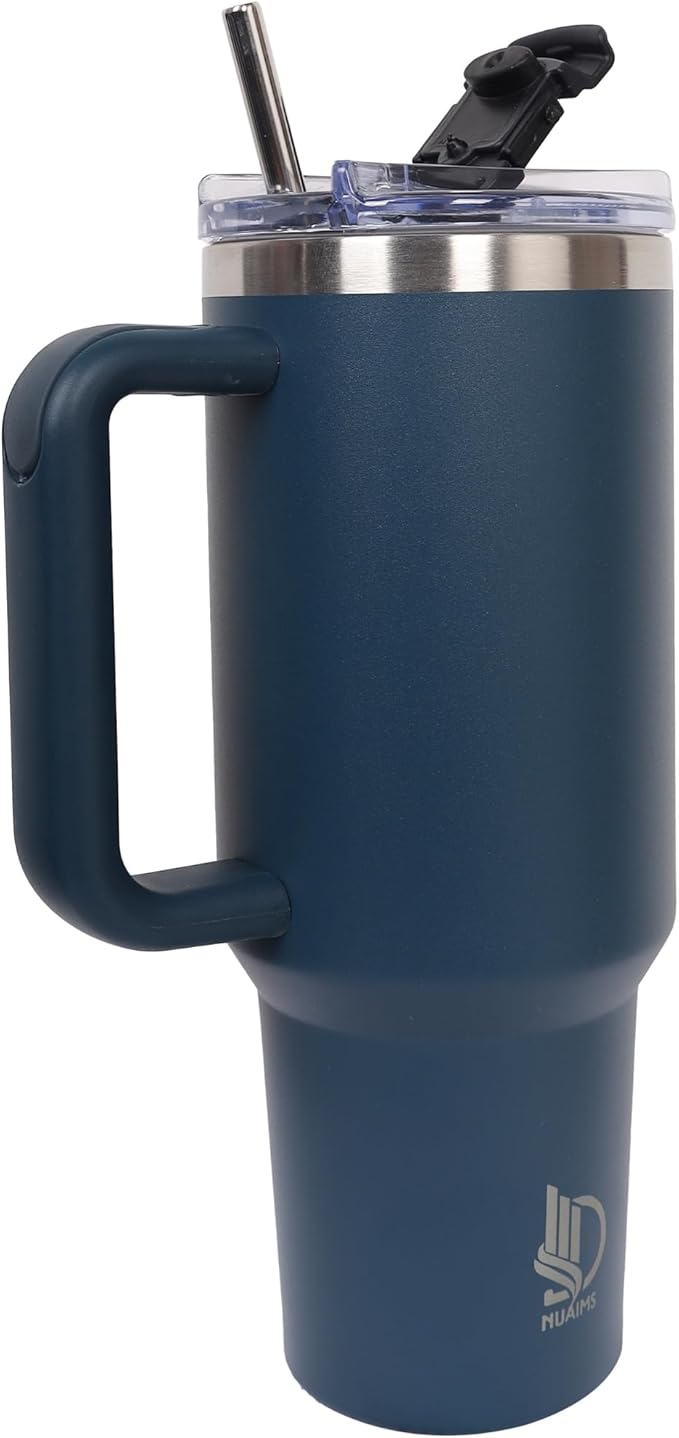 40oz Insulated Tumbler with Handle, Leakproof Straw Lid & Carry Handle - Double Wall Vacuum Insulation Keeps Ice 24 Hours, BPA Free Stainless Steel Water Bottle (Dark Steel Blue)