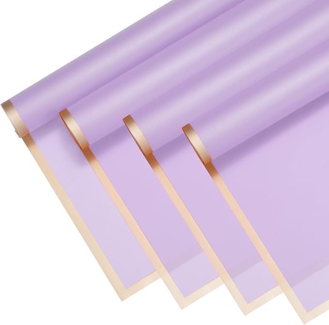M METERXITY 20 Sheets Flower Wrapping Paper Bouquet, 23 Inch Lavender Purple Gold Edge BOPP Waterproof Floral Wrapping Paper Flower Packaging DIY for Wedding/Party/Gift Bouquet Wrap Paper