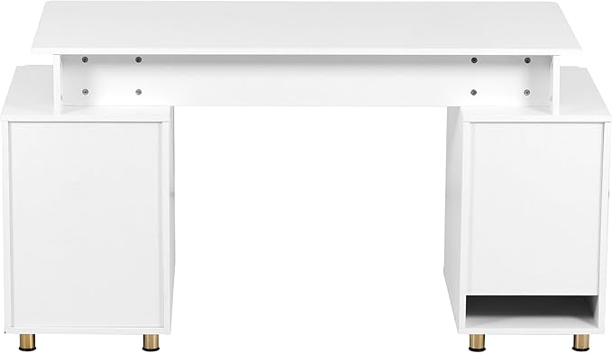 Elegant 56.75" W Executive Desk with 3 Drawers and Storage Cabinet, Modern Office Desk with Gold Accents, Floating Work Surface, Closed Storage with Ventilation & Adjustable Shelf (White,Gold)