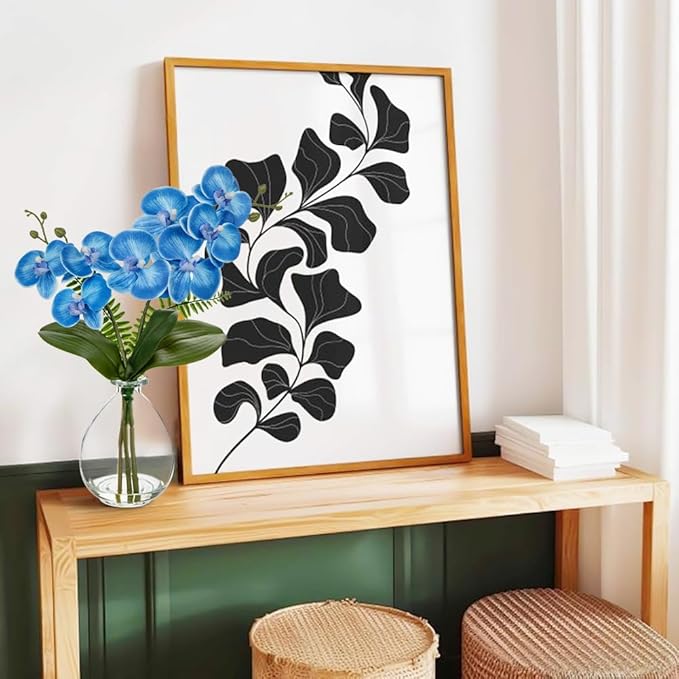 Oairse Blue Orchids Artificial Flowers, Faux Orchid in Glass Vase Real Touch Small Phalaenopsis Orchid Flowers Arrangements with Clear Vase Orchids Centerpiece for Dining Room Table