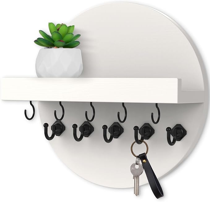 Nekon Key Holder Wall Mount, Key and Mail Organizer for Wall, 9.8 Inch Round Wooden Rustic Wall Organizer for Entryway, Hallway, Kitchen, Office (White)
