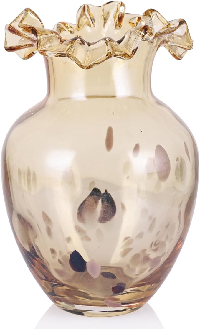 Hand Blown Amber Glass vase, Unique Glass Wide Mouth vase for Console Office TV Stand Coffee Table entryway Entrance Desktop Living Room Dining Table Centerpiece.