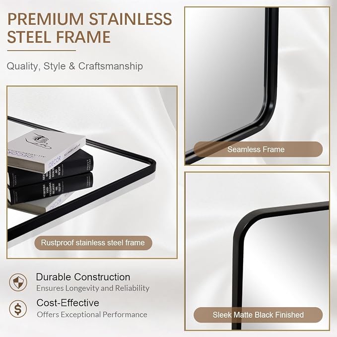 ANDY STAR 24x30’’ Black Bathroom Mirror, Black Bathroom Vanity Mirrors for Wall, Rounded Rectangle Mirror for Bathroom Sink, Tube Metal Frame, 1’’ Deep Wall Mounted Vertical/Horizontal