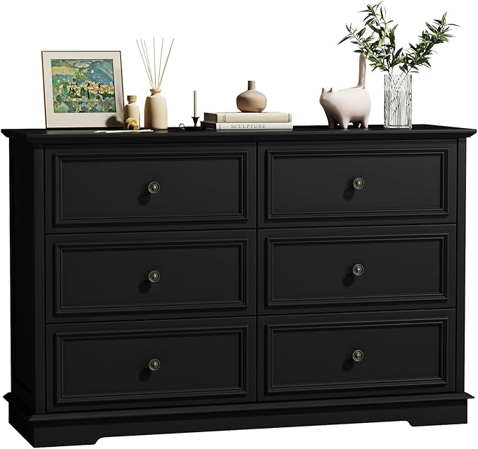 6 Drawer Dressers for Bedroom, Black Wooden Chest of Drawers with Deep Drawers, Closet Dressers with Metal Handle for Bedroom, Living Room