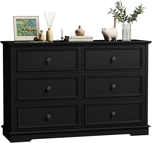 6 Drawer Dressers for Bedroom, Black Wooden Chest of Drawers with Deep Drawers, Closet Dressers with Metal Handle for Bedroom, Living Room