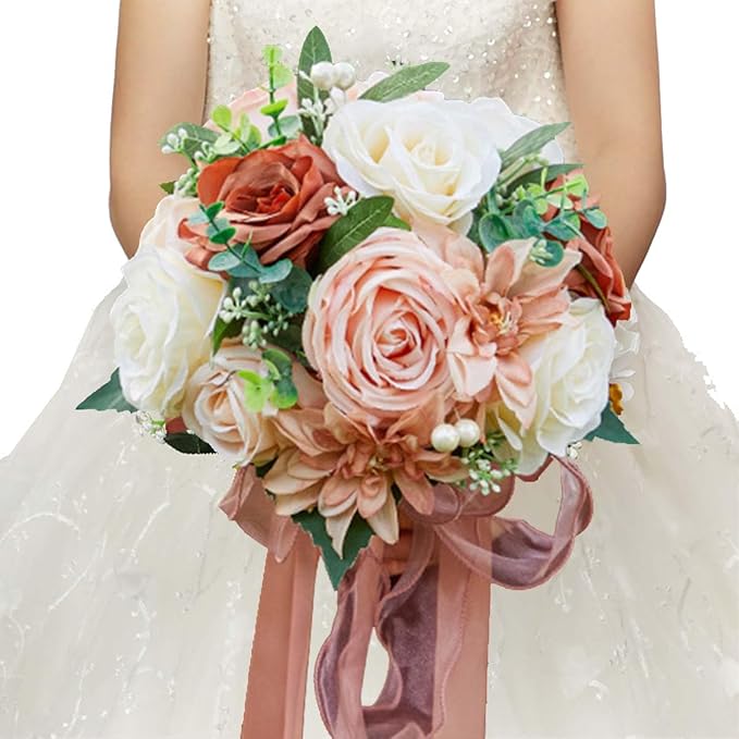 CYANLUX Wedding Bouquets for Bride Bridesmaid Bouquet Champagne White Artificial Roses Flowers for Wedding Valentine's Day Church Home Decoration… (Pink)
