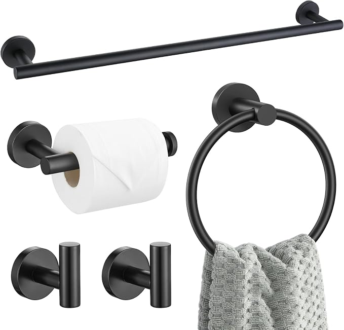 5 Pieces Matte Black Bathroom Hardware Accessories Set SUS304 Stainless Steel Black Towel Bar Holder Set, 23.6Inch Towel Racks for Bathroom, Robe Towel Hooks, Toilet Paper Holder Wall Mounted