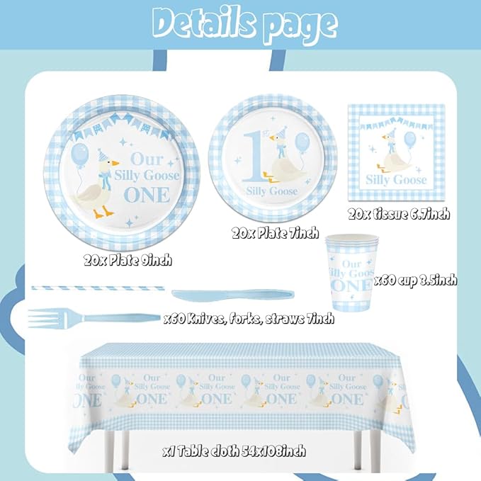 141pcs Blue One Silly Goose Birthday Decorations 1st Birthday Party for Girls Goose Theme Blue Gingham Plates Napkins Forks Knives Straws Tablecloth Cups,Suitable for 20 Guests