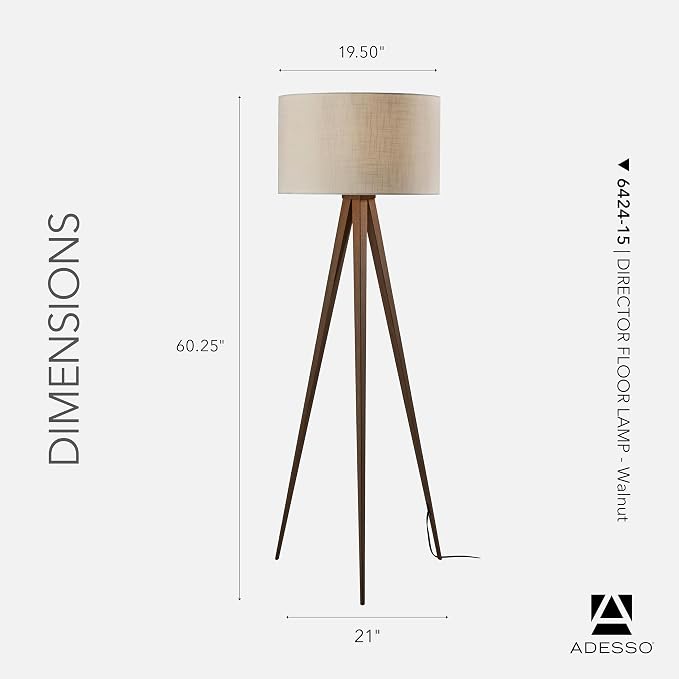 Adesso Floor Lamp with Walnut Rosewood Veneer and Beige Fabric Lampshade – 3-Way Adjustable Brightness, Lamp for Bedroom, Living Room, and House Décor, 60.25” x 21”