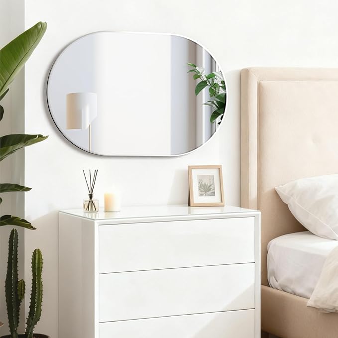 Oval Bathroom Mirror Capsule Wall Vanity Mirror, 24"x36" Pill Mirrors Wall Mounted Mirror, Large Modern Mirror with Silver Metal Frame, Decor for Entryway, Bedroom, Living Room