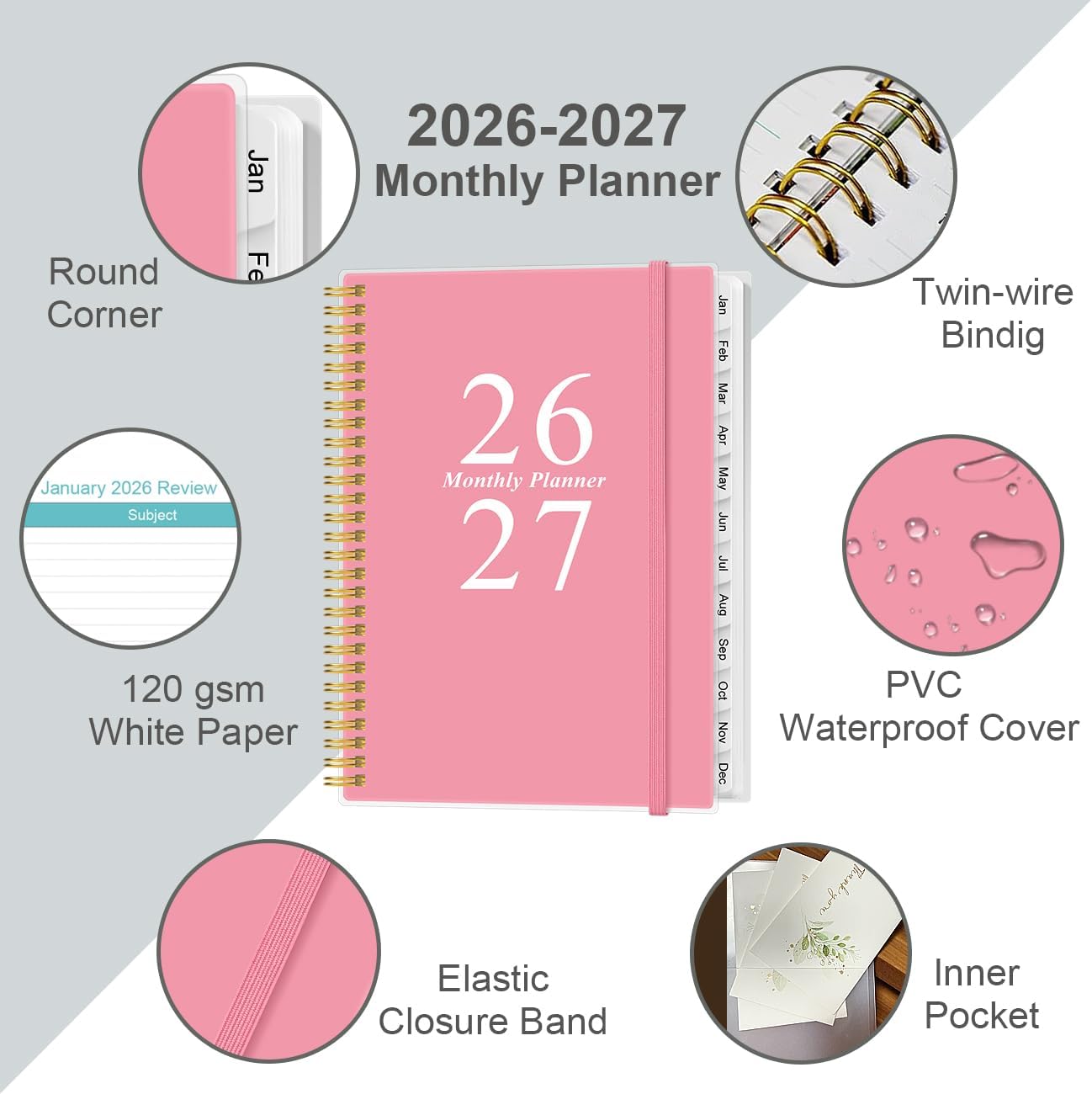 2026-2027 Monthly Planner | 18-Month Calendar with Tabs, 9" x 11", Strong Twin-Wire Binding, Pink