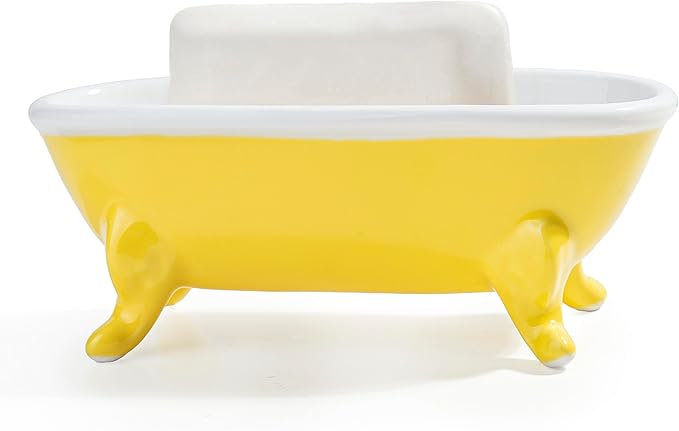 6.7" Ceramic Mini Clawfoot Bathtub Bar Soap Dish, Decorative Bar Soap Holder, Soap Tray Sponge Holder for Shower, Bathroom & Kitchen Sink (Yellow)