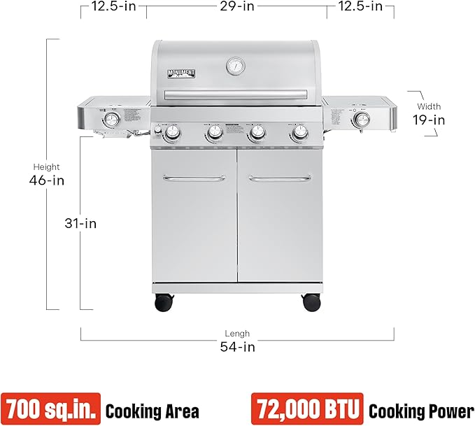 Monument Grills 4+2 Burner 72,000 BTUs Propane Gas Grill 700 sq.in. Stainless Steel Grill Built-In Thermometer, with two Side Burners