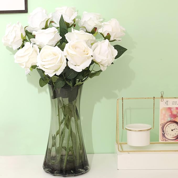 Cloudecor 15Pcs White Roses Artificial Flowers Fake Roses Long Stem Velet Rose Silk Flowers for Home Wedding Decoration (Round Roses,Cream White)