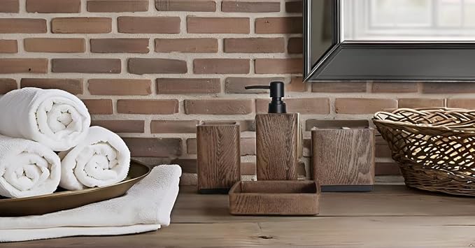 Hymmah Bathroom Accessories Set,Toothbrush Holder,Farmhouse Bathroom Decor,3 Pcs Resin Gift Set Apartment Necessities, Contain Toothbrush Cup,Soap Dispenser,Tumbler (Wood Brown)