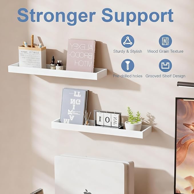 2 Pack 15.7 in White Floating Shelves for Wall, Wooden Wall Shelves for Bedroom Living Room Kitchen, Modern and Rustic Bathroom Shelves with Raised Lip, Decor Floating Shelf for Storage Display