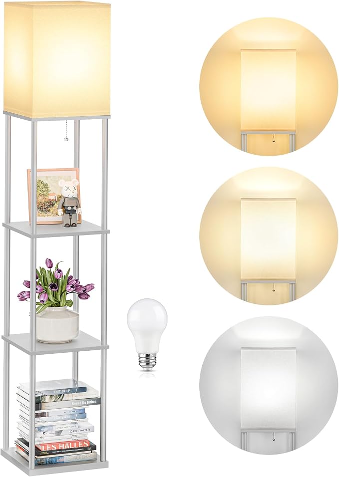 SHINE HAI Floor Lamps with Shelves for Living Room, 3-Tier Square Modern Standing Lamp with 3CCT Bulb, 11W 950LM Brightness, Tall Shelf Lamp for Bedroom, Office, Bookshelf & Display Organizer