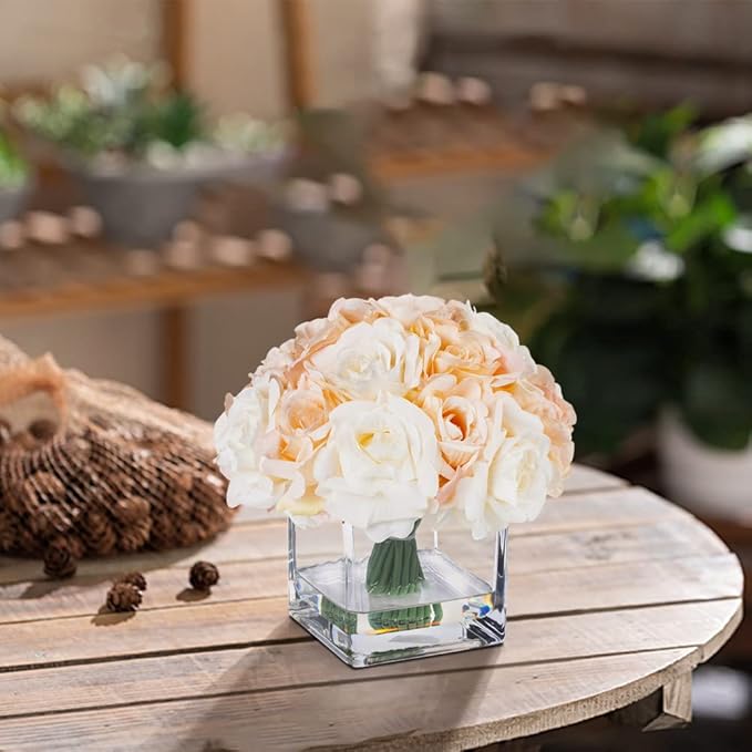 ENOVA FLORAL 18 Pieces Rose Artificial Flowers in Vase, Fake Flowers in Vase with Faux Water for Wedding, Dining Table(Cream Beige)