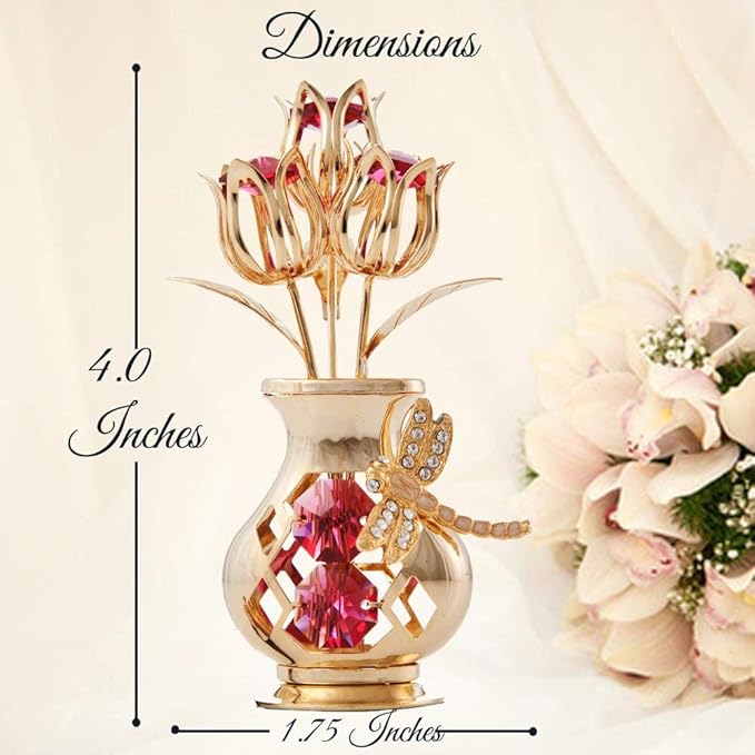 Matashi 24K Gold Plated Crystal Studded Flower Ornament in Vase with Decorative Dragonfly - Elegant Tabletop Ornament - Perfect Valentine's Day Gift for Her, Wife, Mom, Birthday, Home or Office Décor