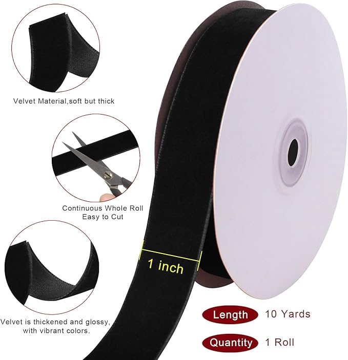 10 Yards Black Velvet Ribbon 1 Inch for Christmas Tree,Velvet Christmas Ribbon for Gift Wrapping Crafts Bow Wreath Holiday Decorations (Black)