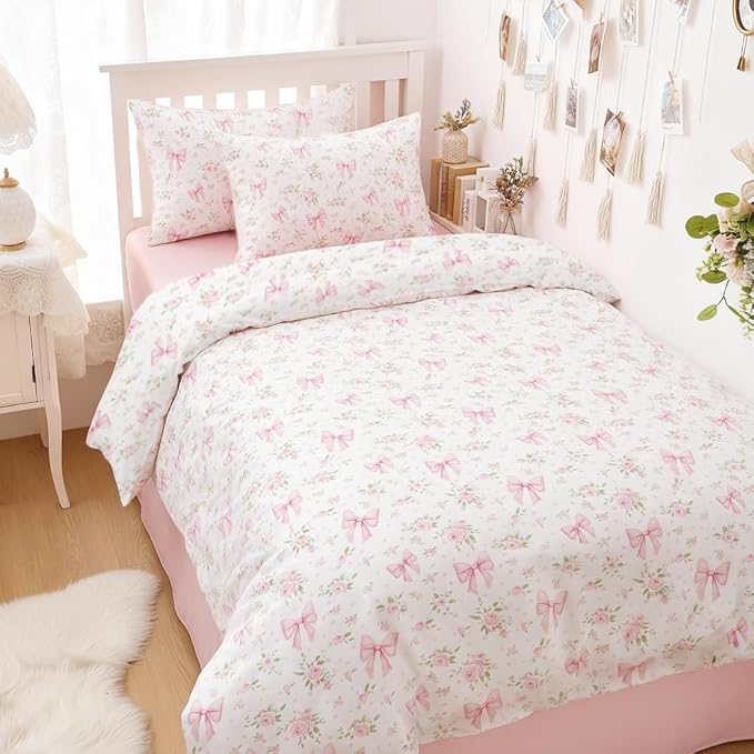 Nayoroom Pink Bow Duvet Cover Queen Size White Green Leaf Floral Duvet Cover Girls Cute Coquette Bedding Set 3 Pieces Soft Lightweight Spring Cottage Core Bedding Gifts for Women