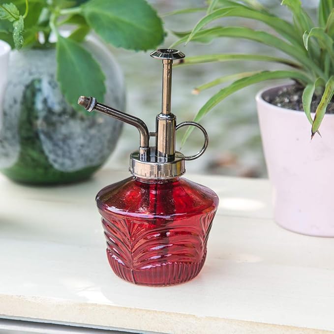 Glass Mini Watering Can Vintage Plant Mister Flower Water Spray Bottle and Faceted Glass Plant Watering Globe with Terracotta Spike,Red