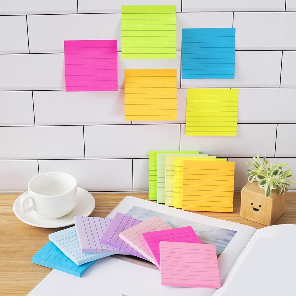 Skiennix Lined Sticky Notes - 3x3 Inch Notepads with Super Sticking Power | Bright Colors, Recyclable