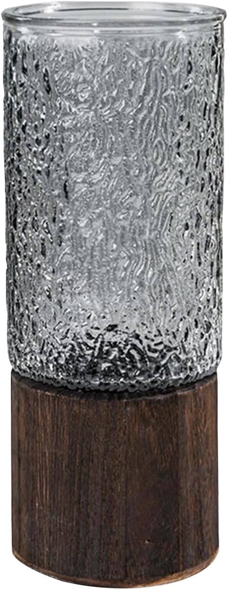 Wooden Vase, Glass Vase with Wooden Base Cylindrical Flower Vase, Classic Boho Rustic Style for Fireplace Bedroom Kitchen Living Room Centerpieces Office Desk, 10" H (Cold Grain)