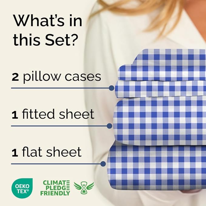 Blue Gingham Sheets - 1 Flat & 1 Fitted Sheet & 2 Pillowcases w/ Deep Pockets - Grid, Plaid, Checkered Pattern Bed Set - Comfy, Wrinkle & Fade Resistant - Ultra-Soft, Breathable & Cooling - King Size