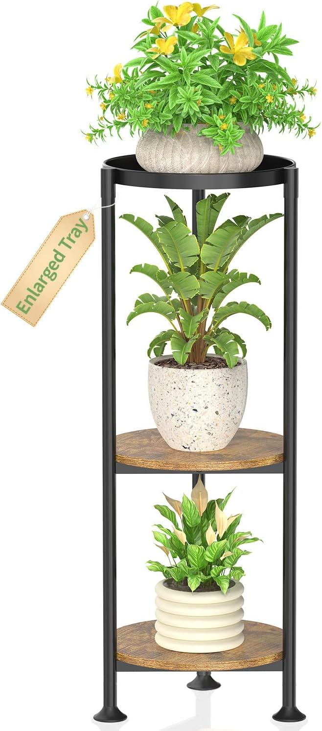 KMOTASUO 3 Tier Black Plant Stand Indoor for Large Tall Heavy Duty Planter, Multiple Sturdy Metal Flower Corner Rack for Narrow House Floor, Iron Vertical Level Round Orchi Holder Organizer, Modern