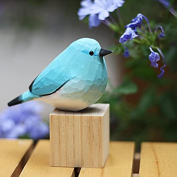 WEAUSUP Hand Carved Wooden Bird Figurine Gift for Bird Lovers | Hand carved wood bird statue with delicate paint,home shelf decor gift(Blue Robin)