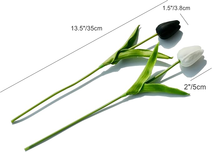 Mandy's Artificial Tulips 20 Stems Black and White PU Faux Flowers for Thanksgiving and Christmas Decorations Wedding Home Decor 13.5 Inch