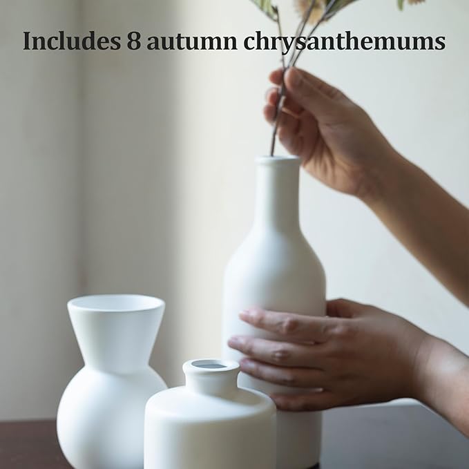 Ceramic Flower Vase Set of 3, Fake Flowers in Vase for Centerpieces with 8 Artificial Autumn Chrysanthemums Artificial Decorative Swags