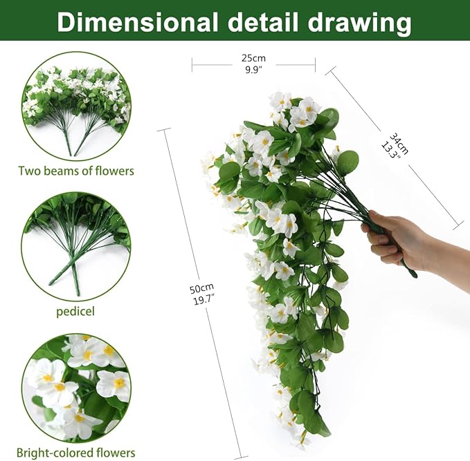 Artificial Fake Hanging Flowers Plants for Outdoor Spring Summer Decoration, 2PCS Faux Silk Violet UV Resistant Look Real Trailing Vines for Outside Home Planter Porch Patio(White)