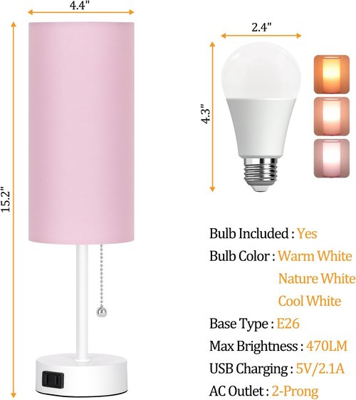 Dott Arts Table Lamp - 3-Color Bedside Lamp with Pull Chain | Pink Nightstand Light, Bulb Included