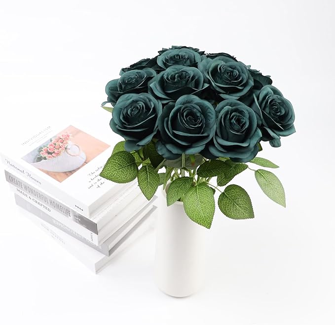 Artificial Rose Flower Artificial Flowers Flower with Long Stem Silk Roses Bouquet for Wedding Bridal Shower Party Home Decoration (Peacock Green, 30 Pcs)