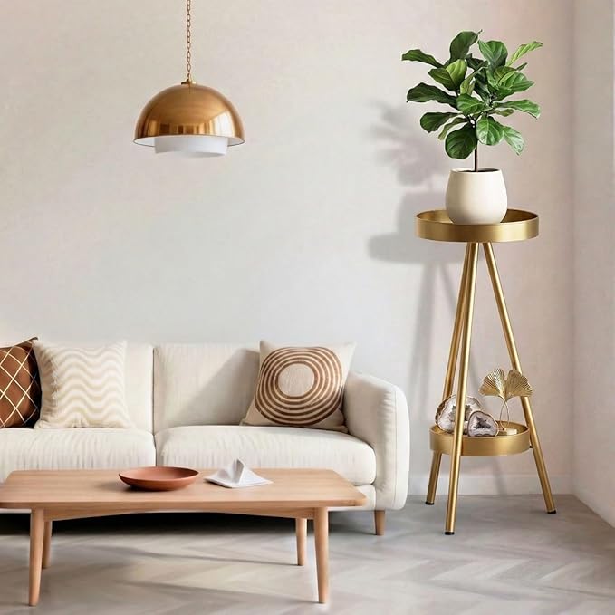 2 Tier Tall Plant Stand Indoor, 31.5" Gold Metal Modern Corner Flower Holder with Round Trays,Heavy Duty for Small Space, Bedroom & Balcony
