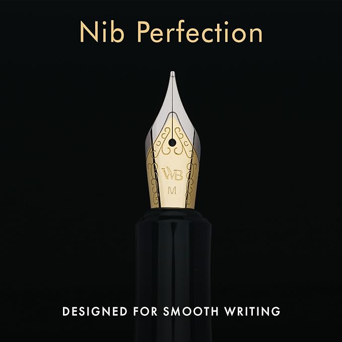 Wordsworth and Black Fountain Pen Mini EDC: Luxury Silver Heavy Pocket Pen, Gold Finish, Medium Nib, 6 Ink Cartridges, Ink Converter, Travel Refillable Writing Pen Gift Set, Men & Women
