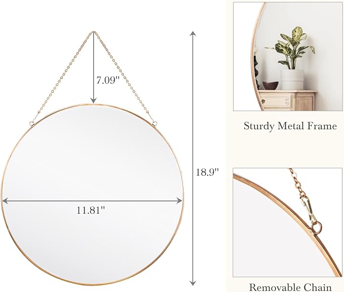 Dahey 11.8-inch Small Hanging Circle Mirror Wall Decor Gold Round Mirror with Hanging Chain for Office Bathroom Bedroom Living Room Dorm College, Gold