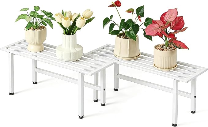 Dipion 2 Pack Metal Plant Stand Outdoor Plant Shelf Indoor,1 Tier Heavy Duty Plant Stands for Multiple Plants,26" L x 10.12" H x 8.75" W,White