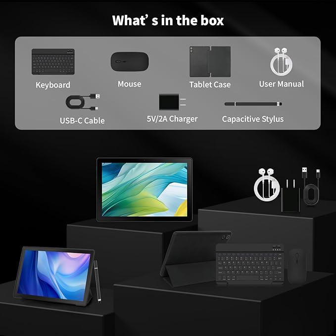 Latest 2025 Upgraded Android Tablet 10.1 Inch with IPS HD Touch Screen, Dual Camera, 64GB Storage 1TB Expansion, 8 in 1 Tablets Kit with Keyboard, Protective Case, Mouse, Stylus, BT 5.4, WiFi 6