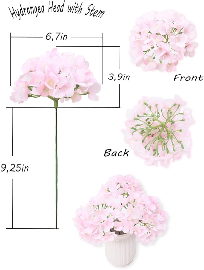 10PCS Silk Hydrangea Heads with Stems Artificial Flowers for Wedding Party Home Decor (Pink 2#)