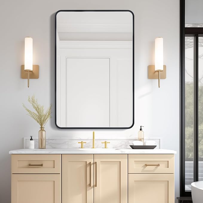 USHOWER Bathroom Mirrors for Over Sink, Metal Frame Rectangle Mirror, Modern Farmhouse Vanity Mirror, Wall Mounted for Bedroom, Living Room, Entryway Remodel & Upgrade, Matte Black, 24 x 36 Inch