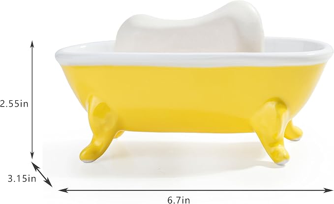 6.7" Ceramic Mini Clawfoot Bathtub Bar Soap Dish, Decorative Bar Soap Holder, Soap Tray Sponge Holder for Shower, Bathroom & Kitchen Sink (Yellow)