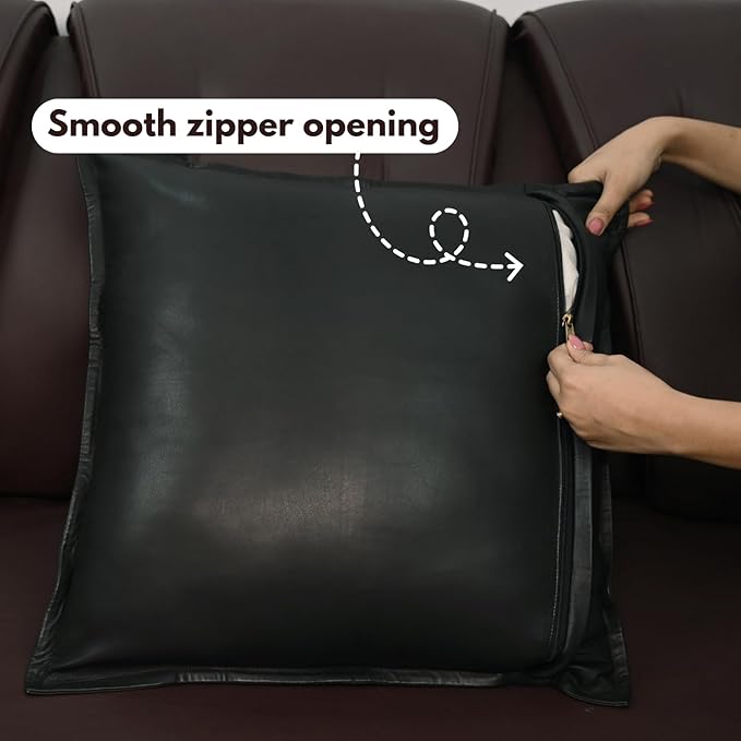 D DOLLY LAMB Lambskin Leather Pillow Cover - Sofa Cushion Case - Decorative Throw Covers for Living Room & Bedroom, 22x22 Inches - Black Box