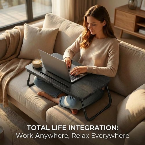 BUYIFY Foldable Laptop Bed Desk - Large Portable Tray Table with Cup Holder & Tablet Slot | Ideal for Eating, Writing, Studying (Black)