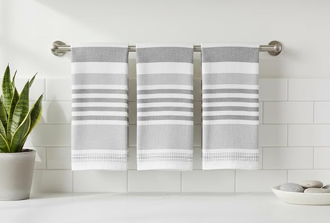 Serafina Home Grey White Kitchen Hand Dish Towels: Oversized 28" x 16",100% Cotton Cloth Soft Cleaning Drying Absorbent Striped Design, Set of 3 Multipurpose for Everyday Use (Grey Monica)