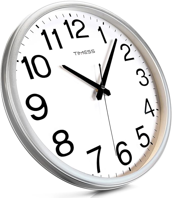 TIMESS Wall Clock, 13 Inch Large Dial Non-Ticking Silent Battery Operated Quality Analog, Ultra-Quiet Movement Quartz, Timeless Stylish Clock, Ideal Modern Home, Office Décor (Sliver)